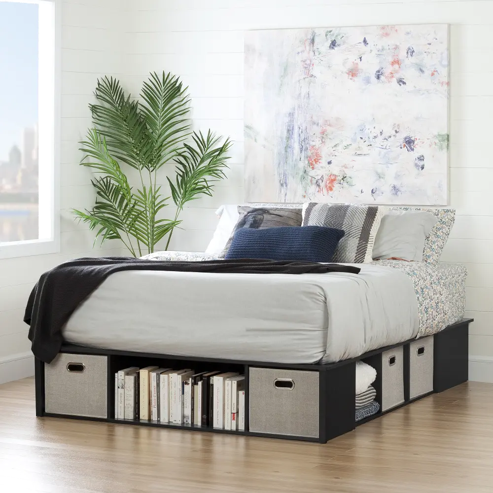10488 Black Oak Queen Platform Bed with Storage and Baskets - South Shore-1