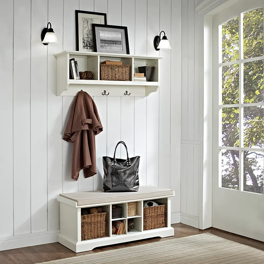 KF60001WH White 2 Piece Entryway Bench and Shelf Set  - Brennan-1