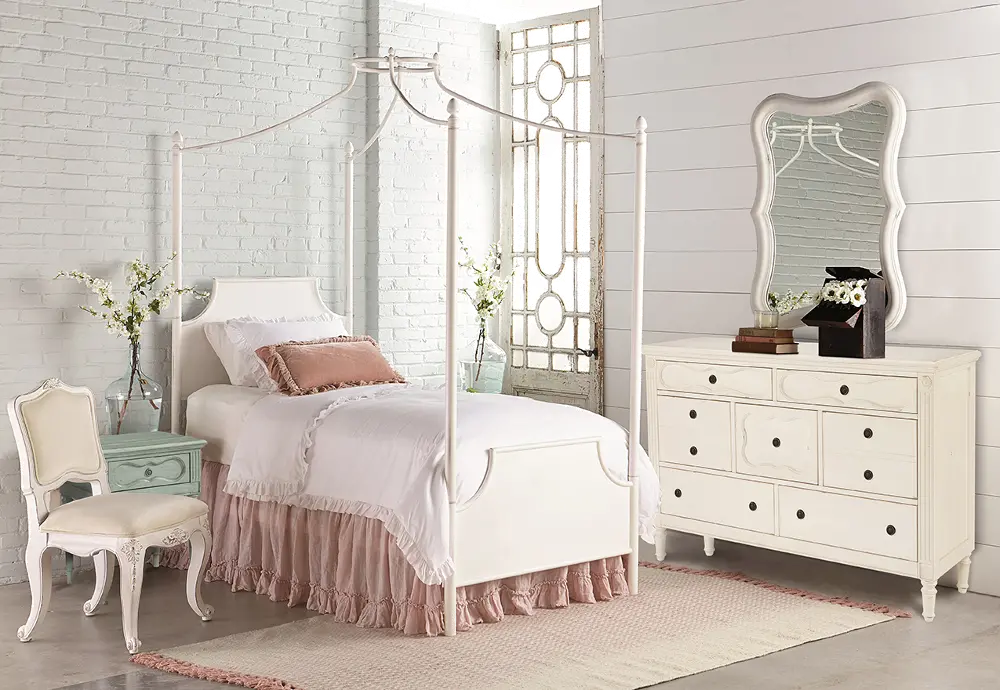 White Twin 4 Piece Canopy Bedroom Set - Traditional Manor-1