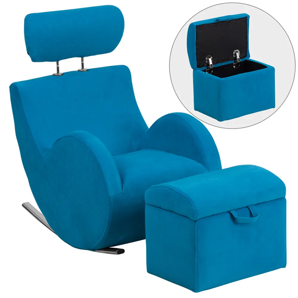 Terquoise Fabric Kids Lounge Rocker and Storage Ottoman-1