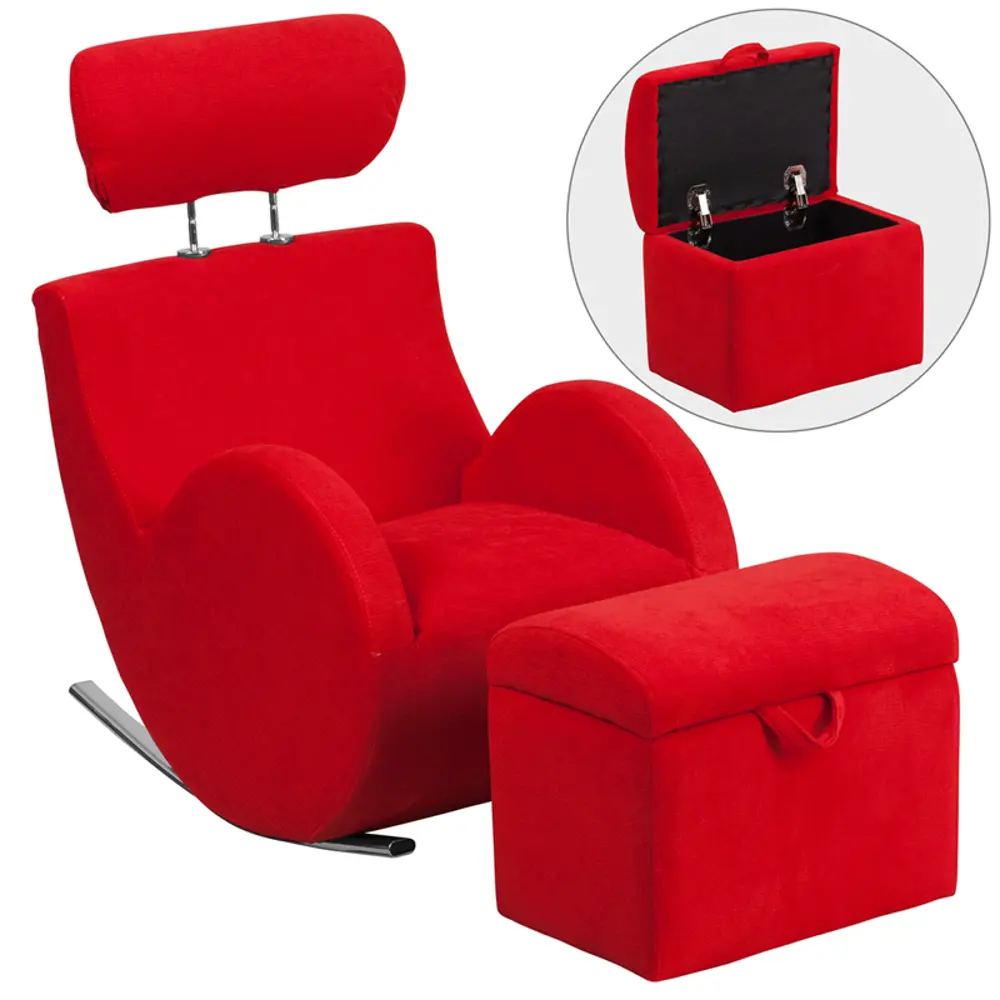 Red Fabric Kids Lounge Rocker and Storage Ottoman-1