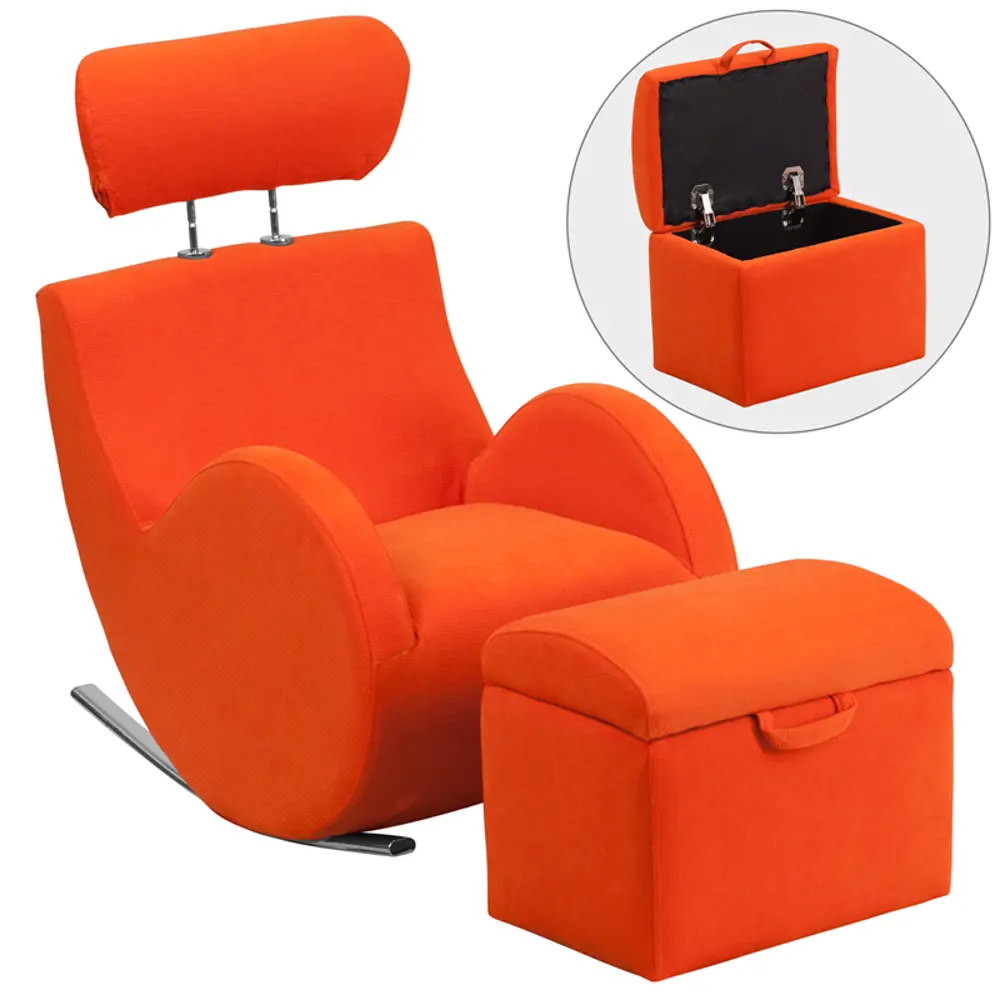 Orange Fabric Kids Lounge Rocker and Storage Ottoman-1