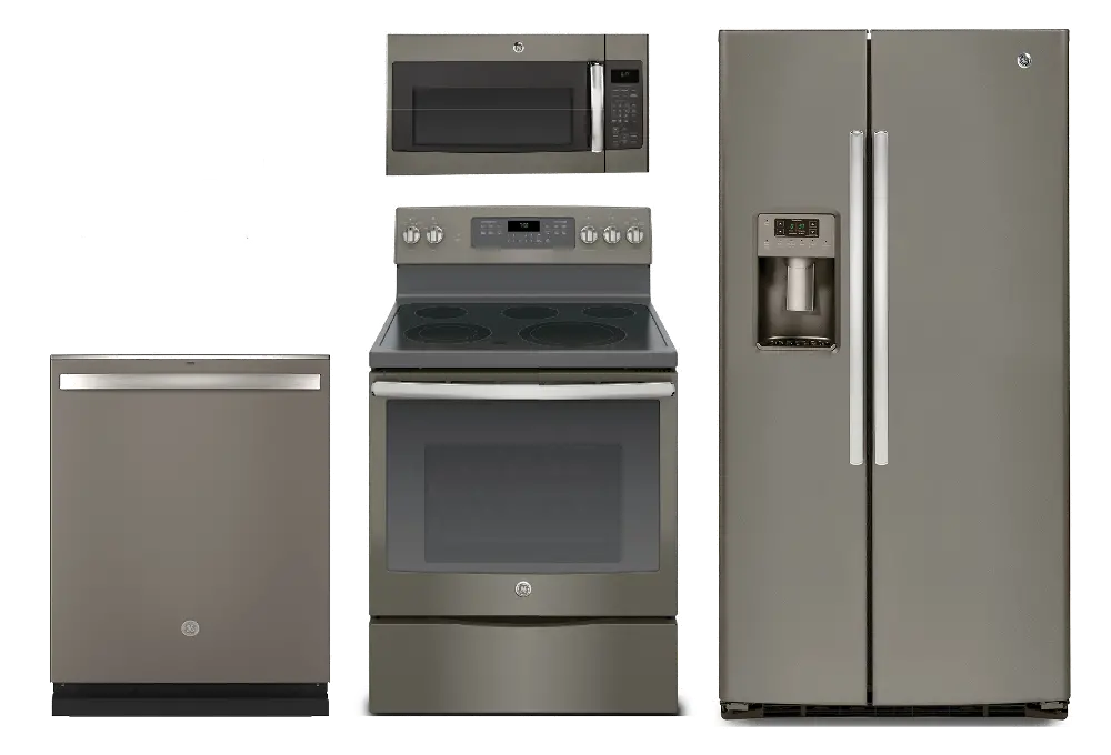 KIT GE 4 Piece Electric Kitchen Appliance Package with Side by Side Refrigerator - Slate-1