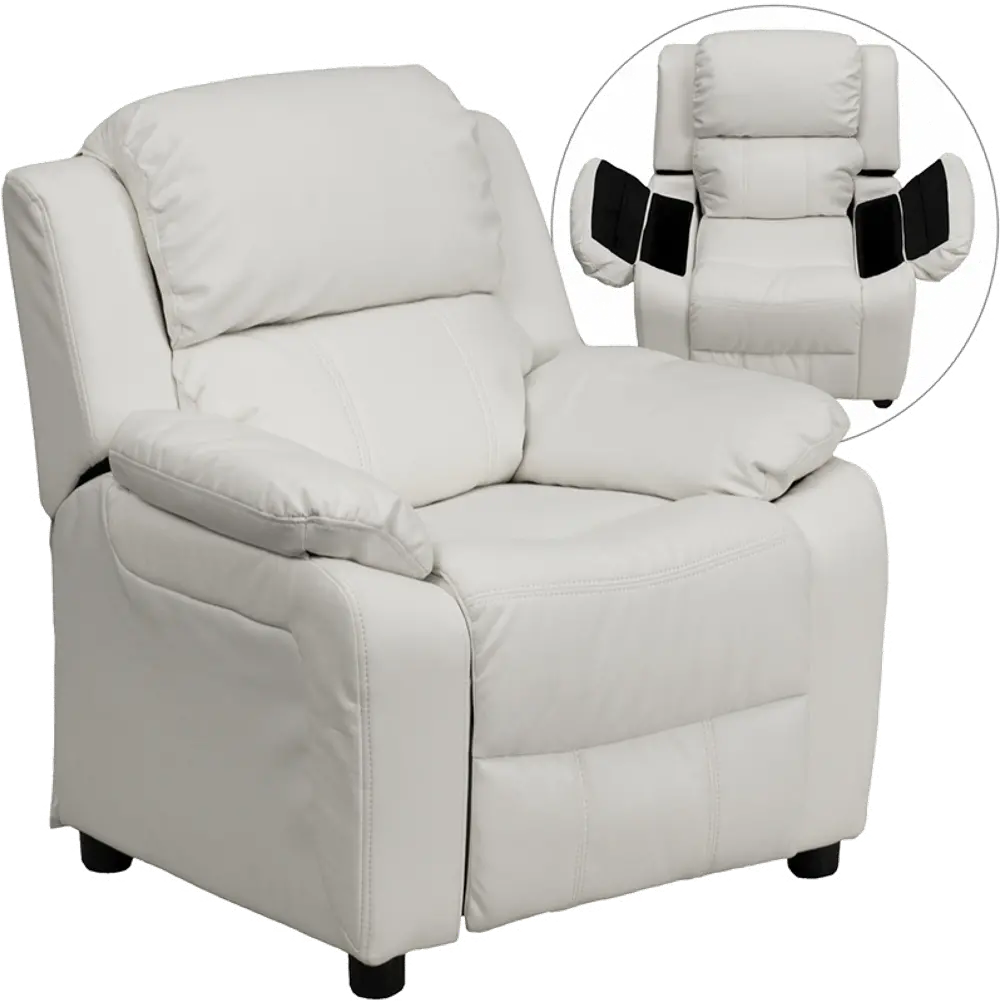 White Vinyl Kids Recliner with Storage Arms-1