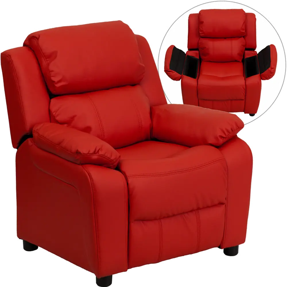 Red Vinyl Kids Recliner with Storage Arms-1