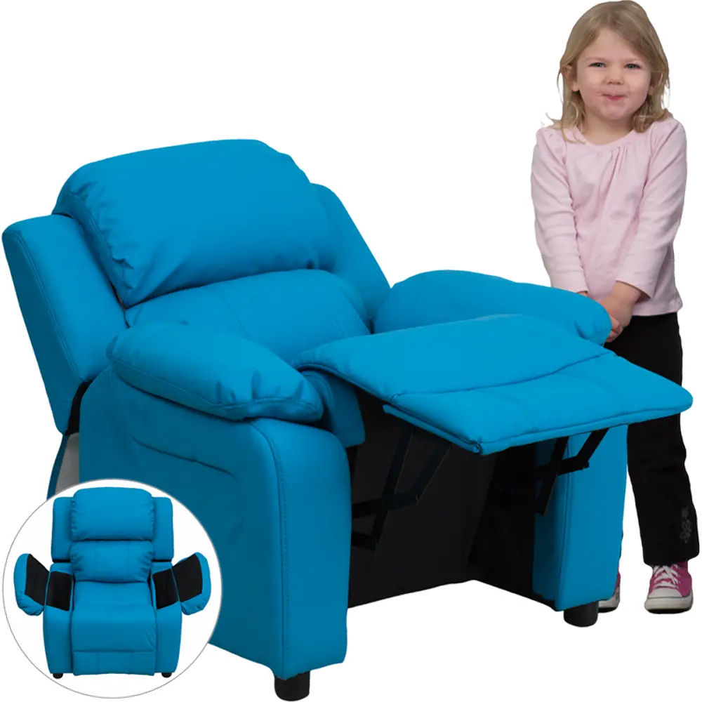 Turquoise Vinyl Kids Recliner with Storage Arms-1