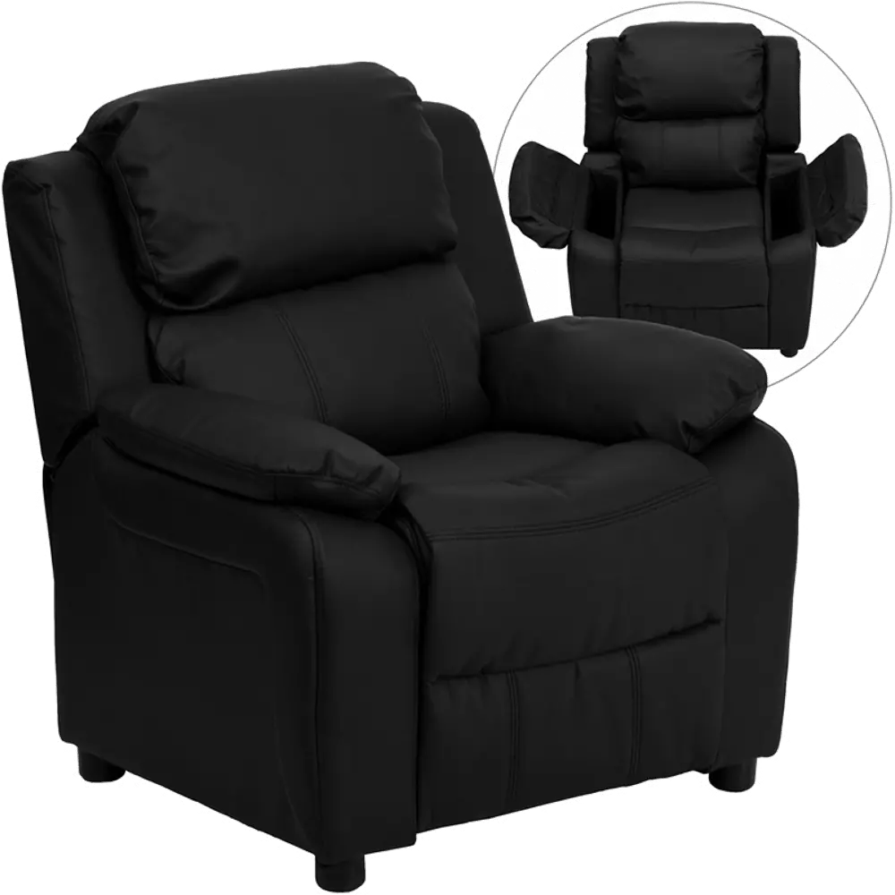 Black Leather Kids Recliner with Storage Arms-1