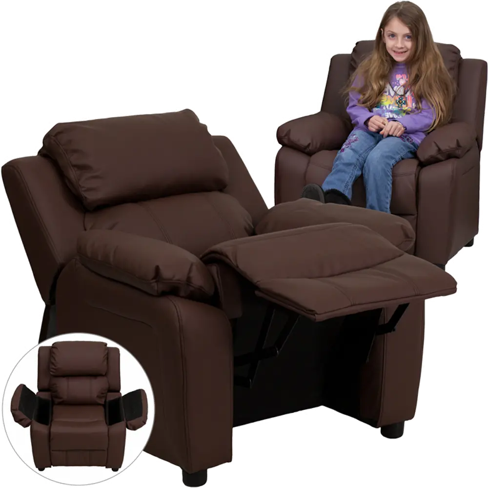 Brown Leather Kids Recliner with Storage Arms-1