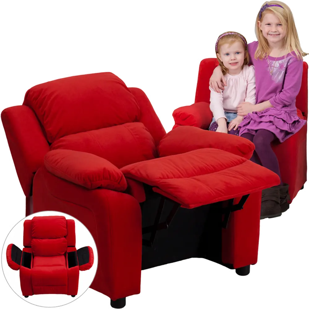 Red Microfiber Kids Recliner with Storage Arms-1