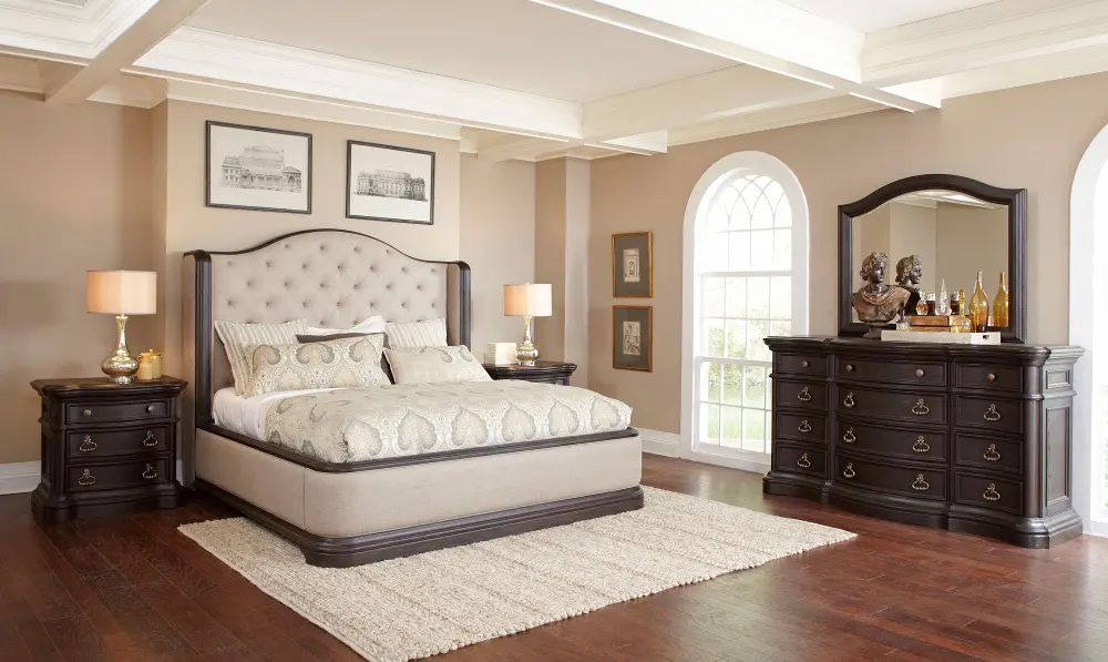 Dark Oak & Linen Traditional 4 Piece Queen Bedroom Set - Ravena-1