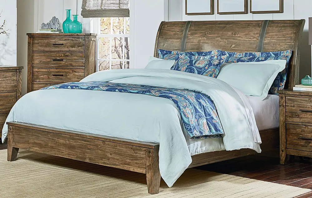 Rustic Casual Pine Queen Sleigh Bed - Nelson-1