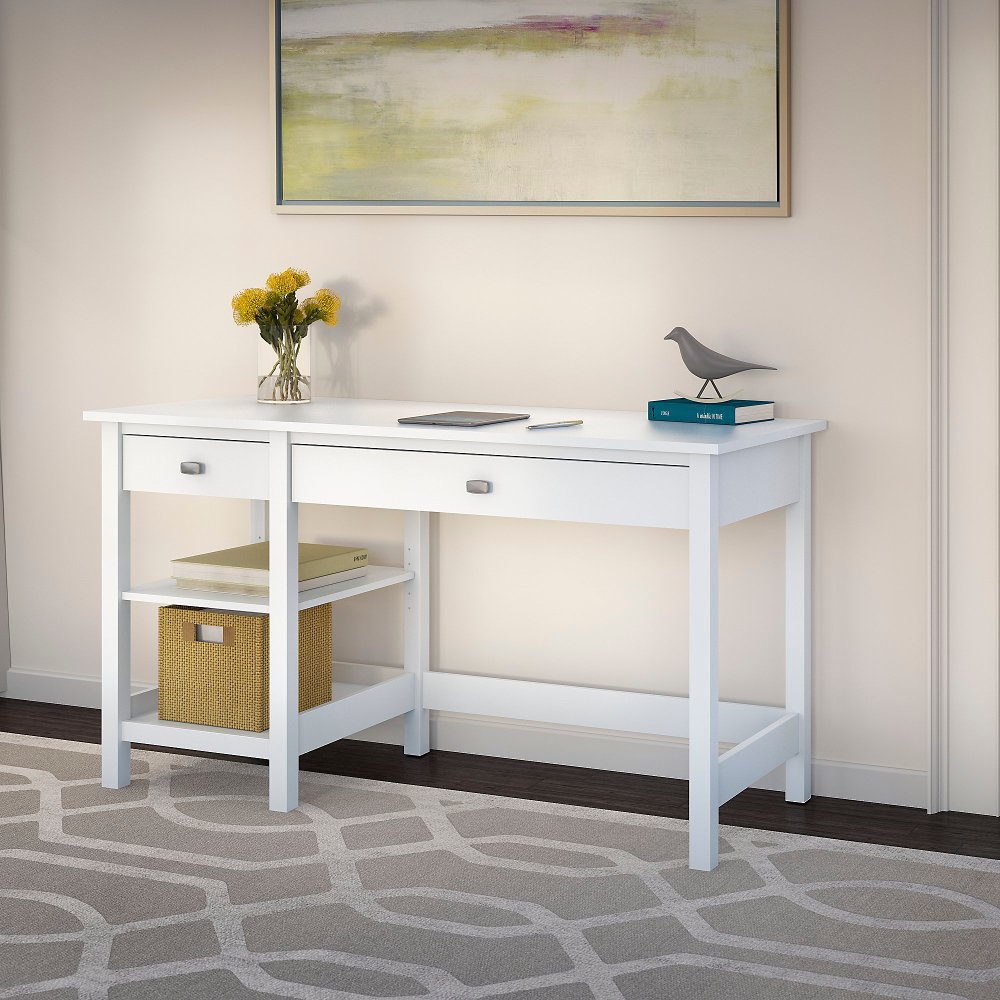 Broadview Pure White Computer Desk with Open Storage - Bush Furniture