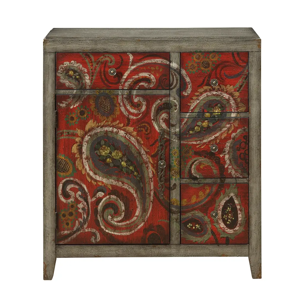 95684 Hand Painted Red and Gray Paisley Cabinet - Ashbury-1