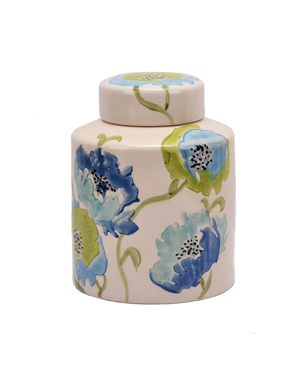Blue and Green Poppies Ceramic Lidded Jar-1