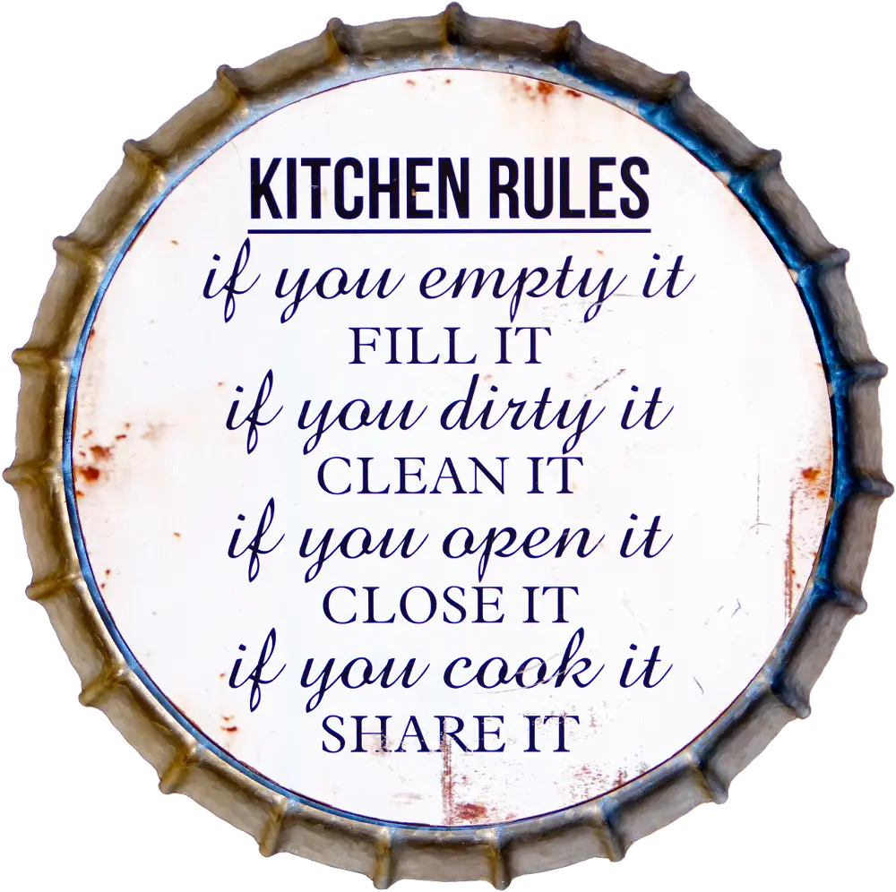 Distressed Gray Metal Bottle Cap Kitchen Rules Sign-1