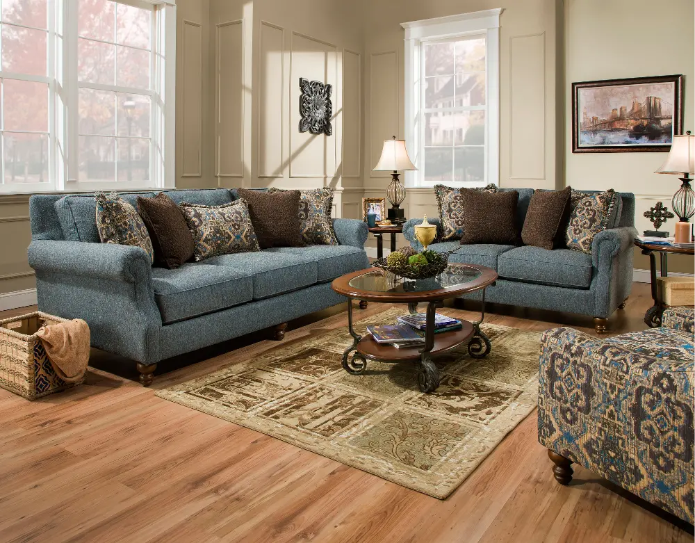 Casual Traditional Blue Sofa & Loveseat Set - Robin Egg-1