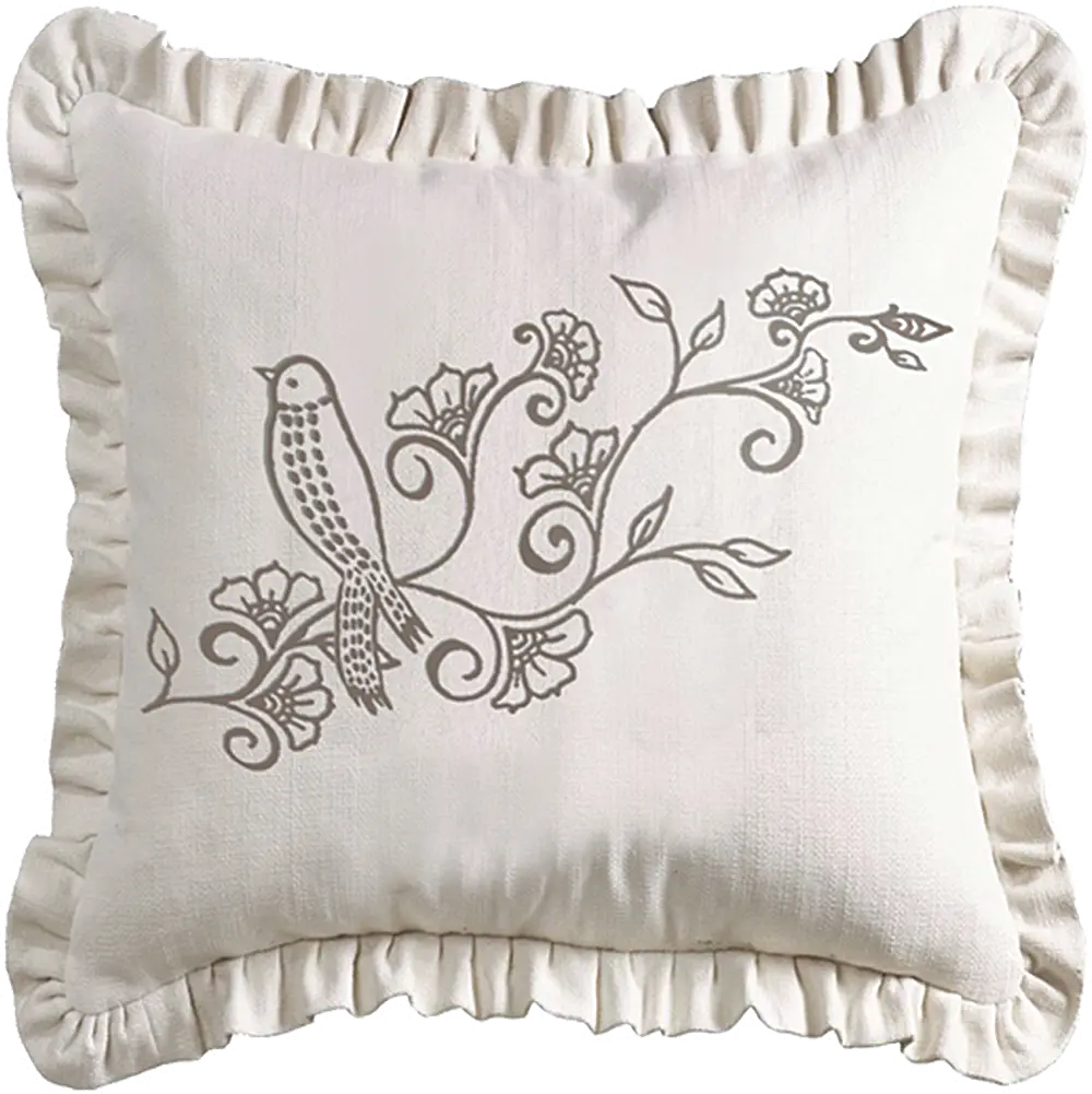 White Ruffled Embroidered Bird and Floral Throw Pillow-1