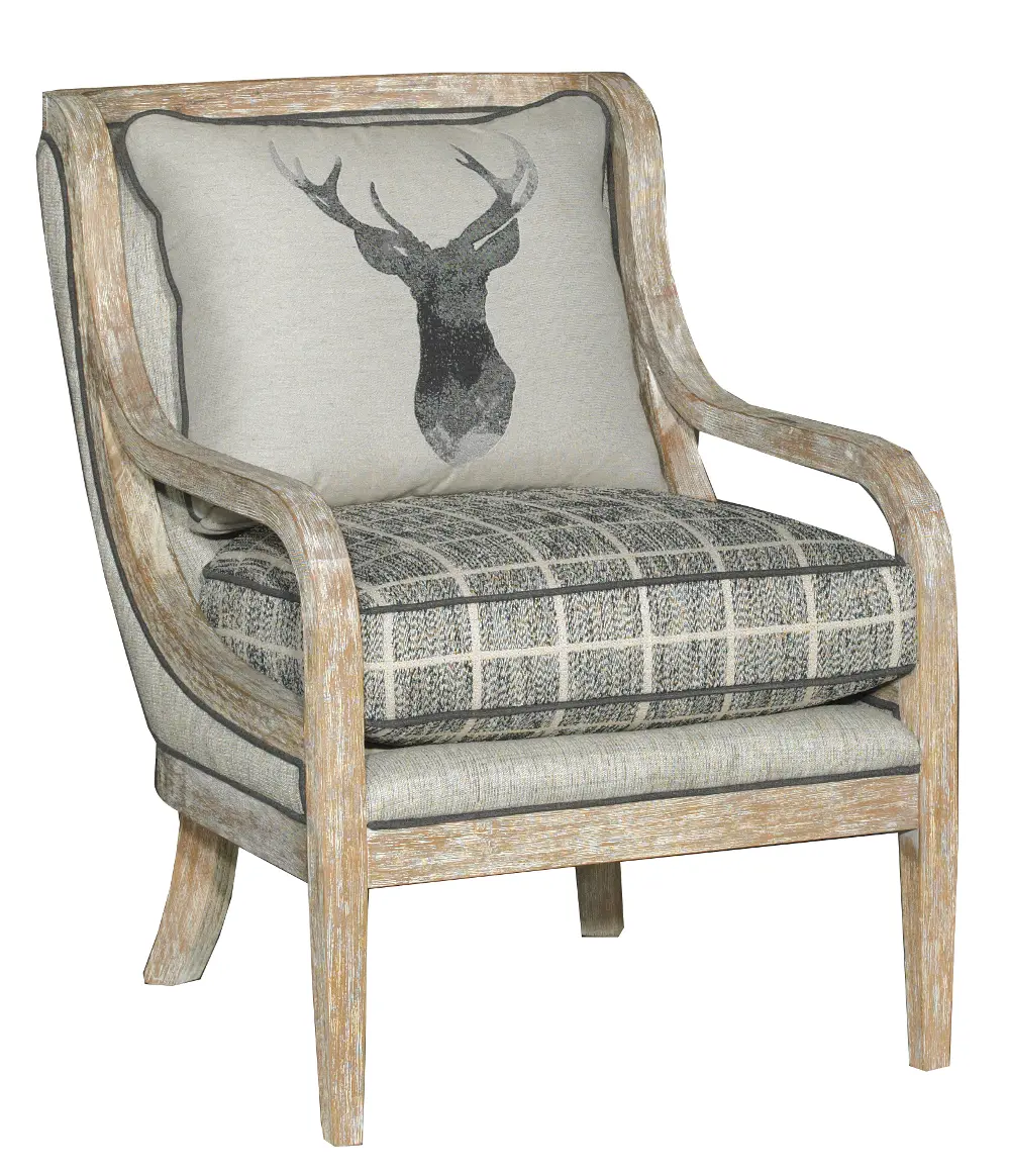 Casual Rustic Taupe & Black Plaid Wood Accent Chair - Breakout-1