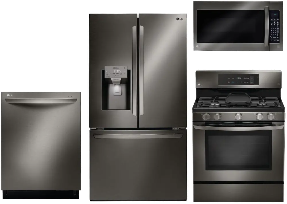 KIT LG 4 Piece Gas Kitchen Appliance Package with French Door Smart Refrigerator - Black Stainless Steel-1