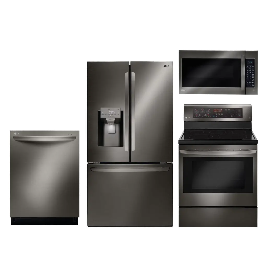 KIT LG 4 Piece Electric Kitchen Appliance Package with French Door Smart Refrigerator - Black Stainless Steel-1