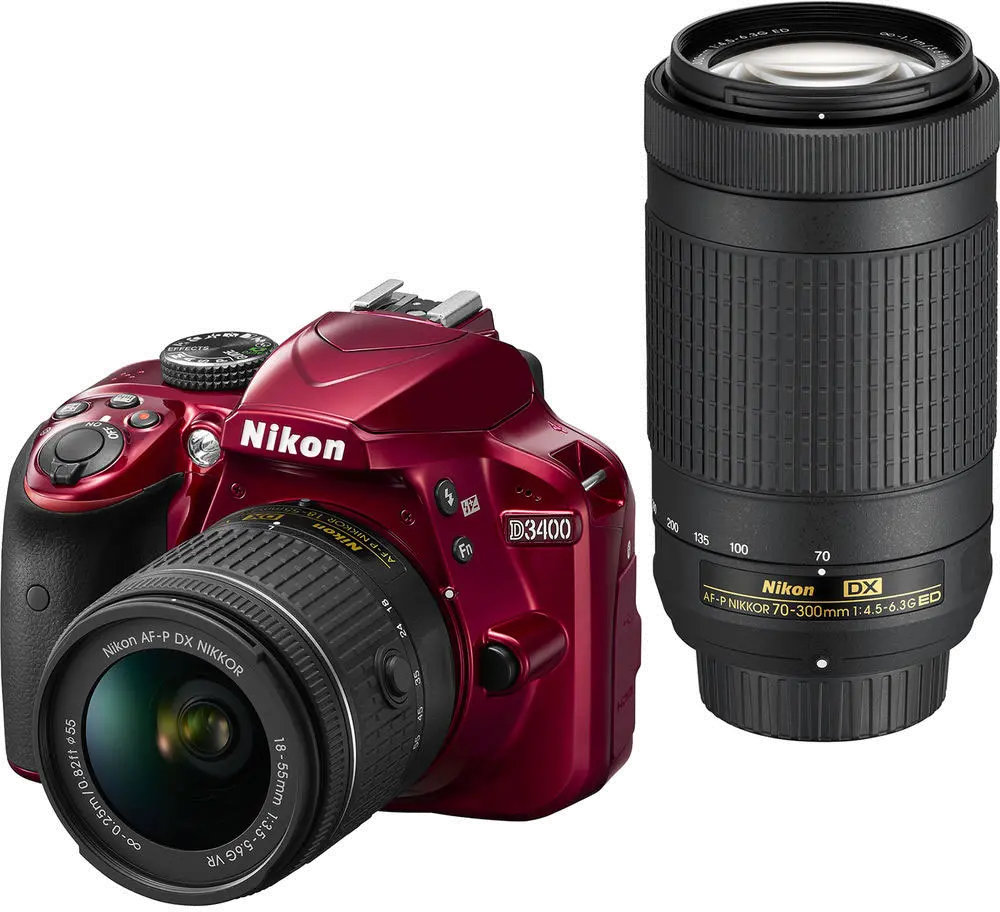 D3400,RED,X2-LENS Nikon Red D3400 DSLR Camera with 18-55mm and 70-300mm Lenses -1