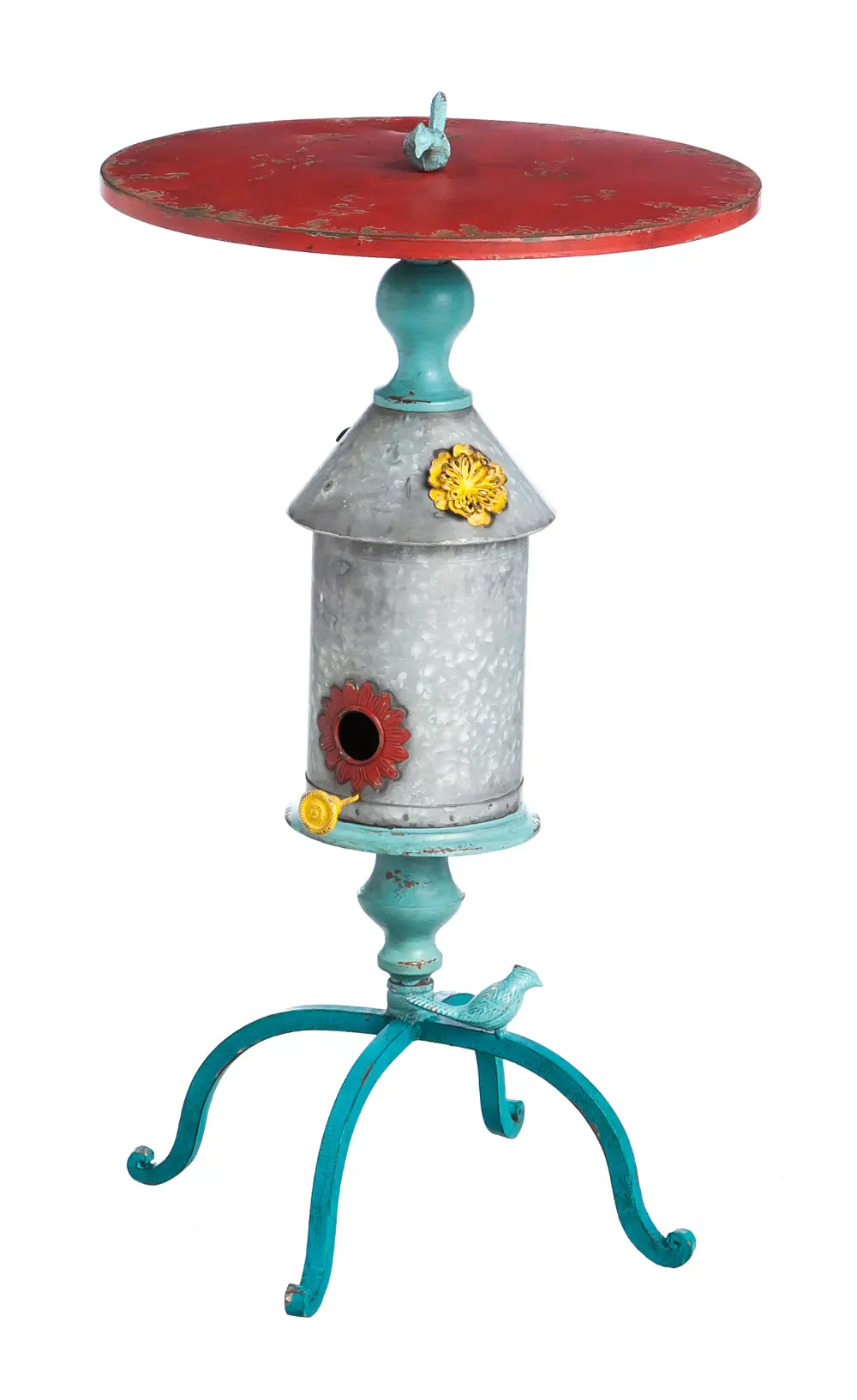 Distressed Multi-Colored Metal Birdhouse Table with Cast Iron Birds-1