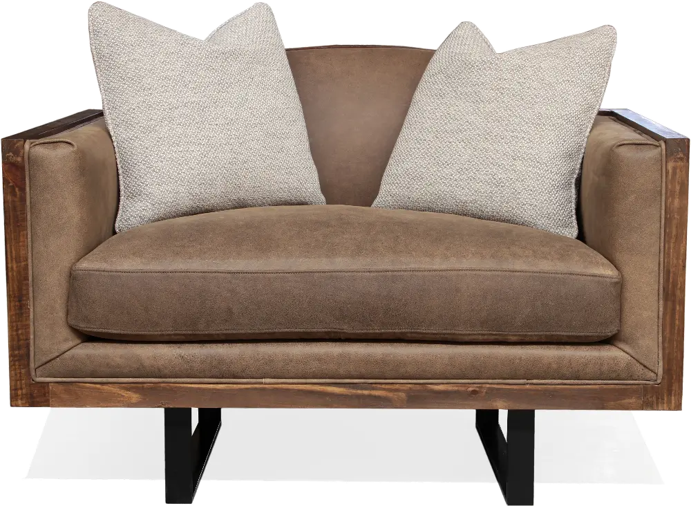 Segovia Oak and Brown Leather Settee With Throw Pillows - Nadine-1
