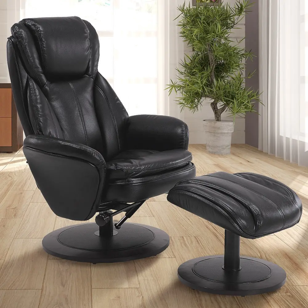 Black Leather Swivel Recliner with Ottoman - Comfort Chair-1