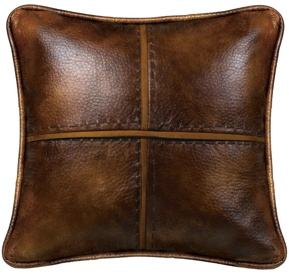 Brown Cross Stitched Faux Leather Throw Pillow-1