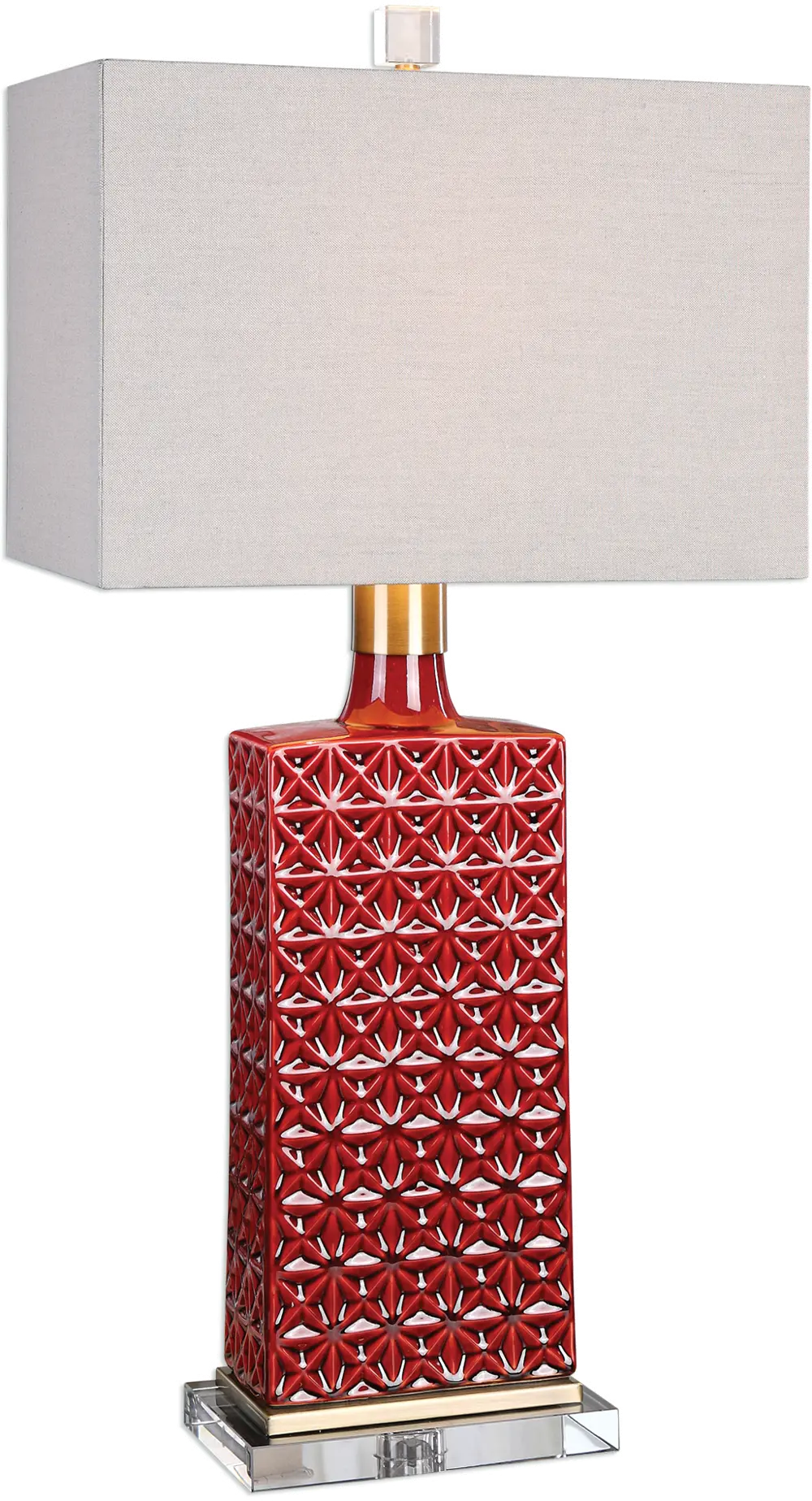 Deep Red Embossed Table Lamp with Brass Accents-1
