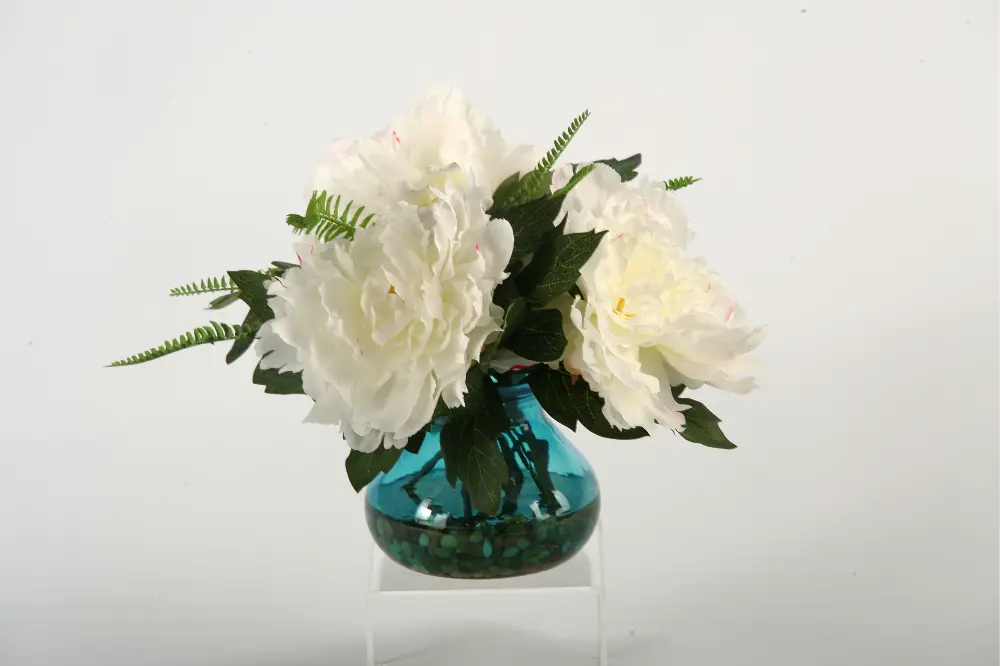 Cream and Pink Peonies Arrangement in a Blue Glass Vase-1