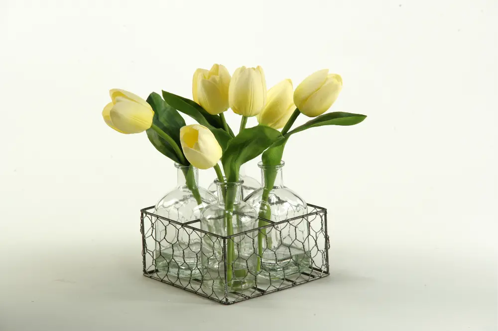 Yellow Tulips in Glass Jugs with Metal Holder Arrangement-1