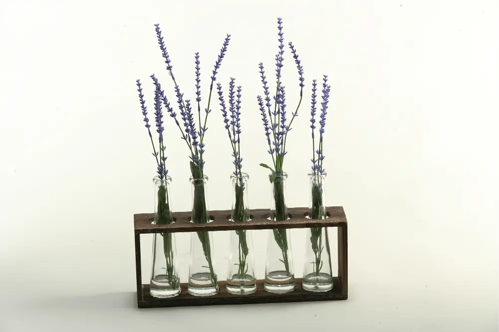 Lavender Spray Arrangement In Glass Vases On Wood Stand-1