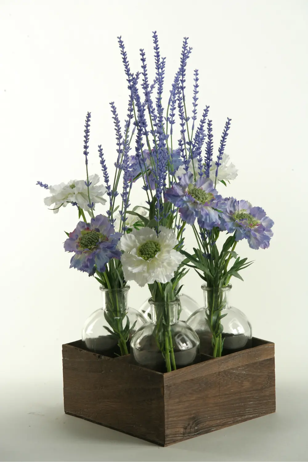 White and Light Blue Scabiosa Arrangement in Jars and Crate-1
