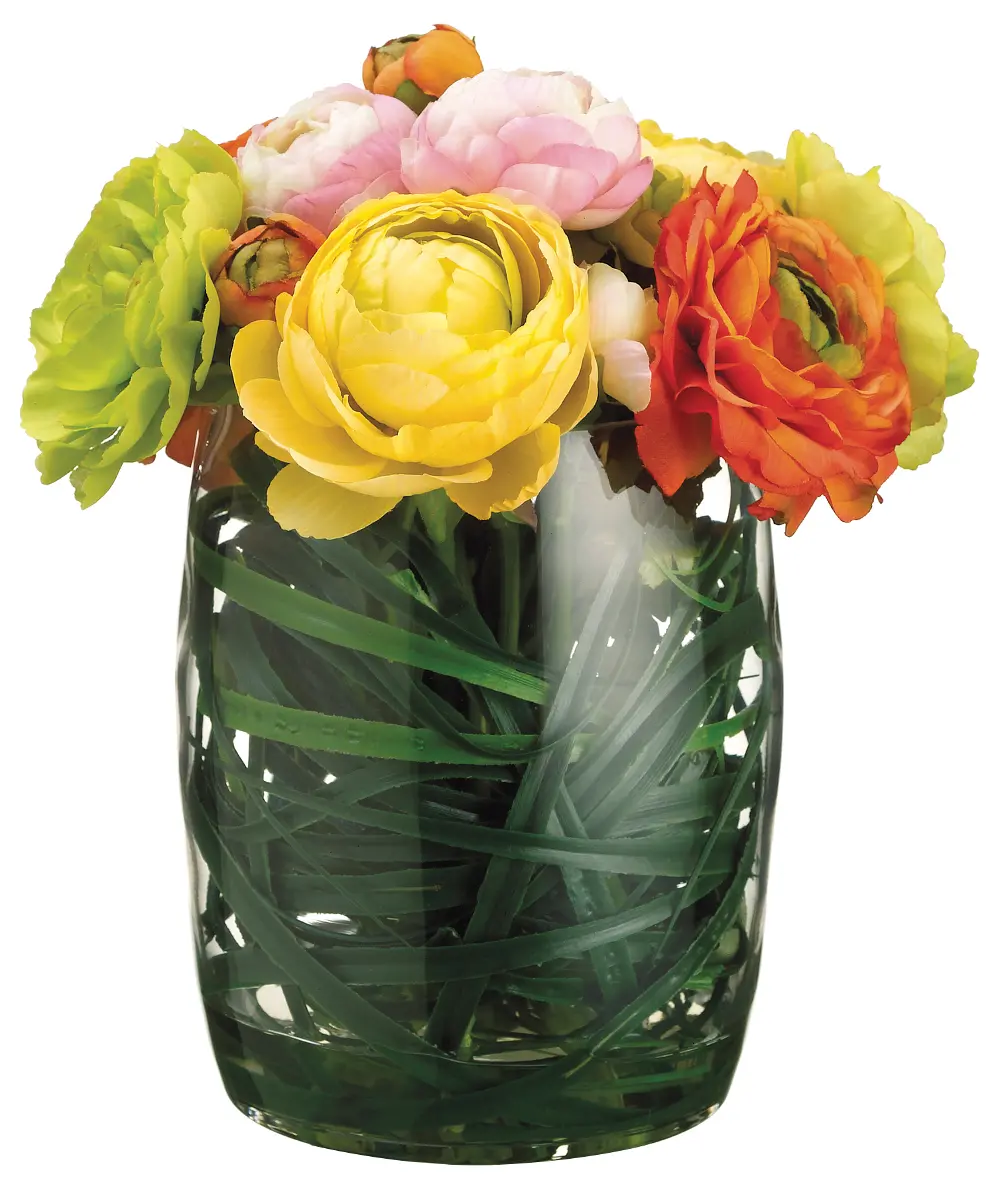Ranunculus and Grass Arrangement in Clear Vase-1