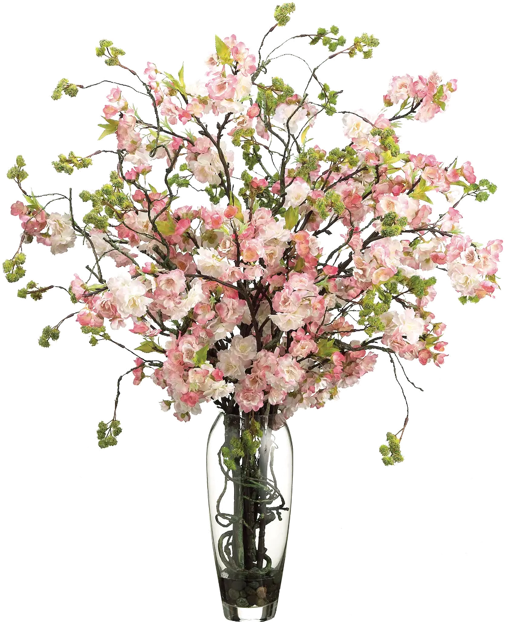 Faux Cherry Blossoms Arrangement in Clear Vase-1