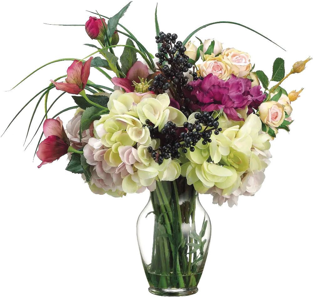 Multi Color Helleborus and Roses Faux Arrangement in Clear Vase-1