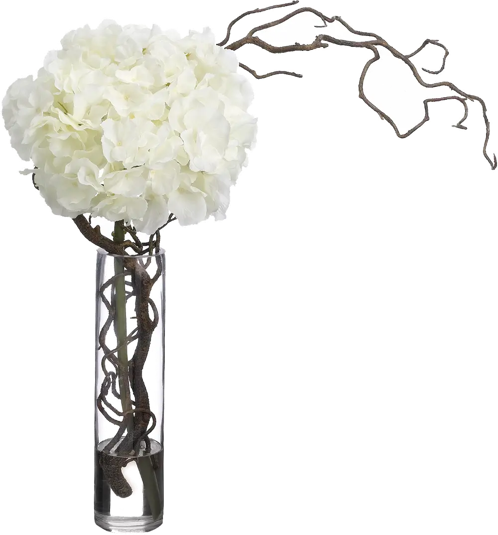 Hydrangeas and Curly Willow Arrangement in a Clear Vase-1
