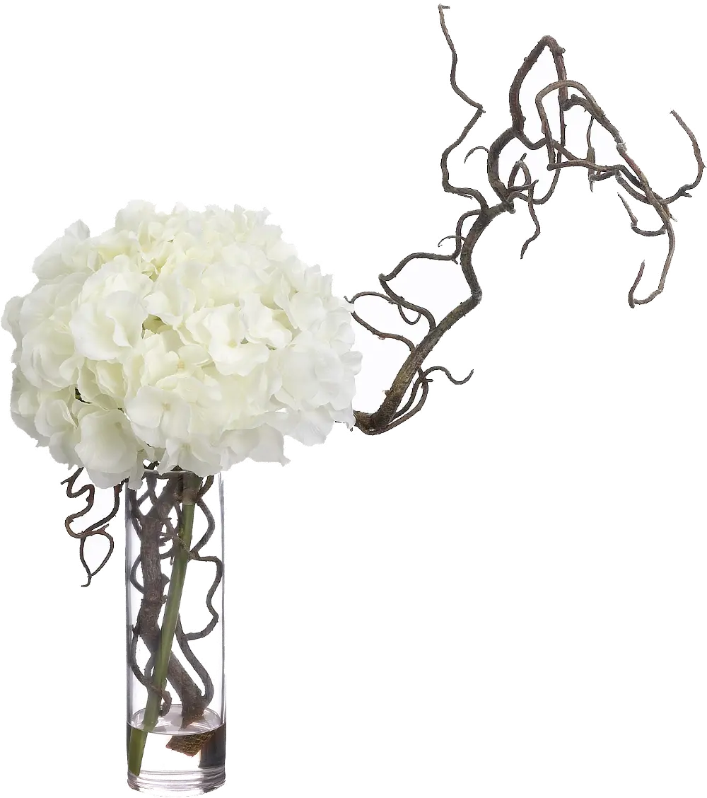Hydrangea and Curly Willow Arrangement in Clear Vase-1