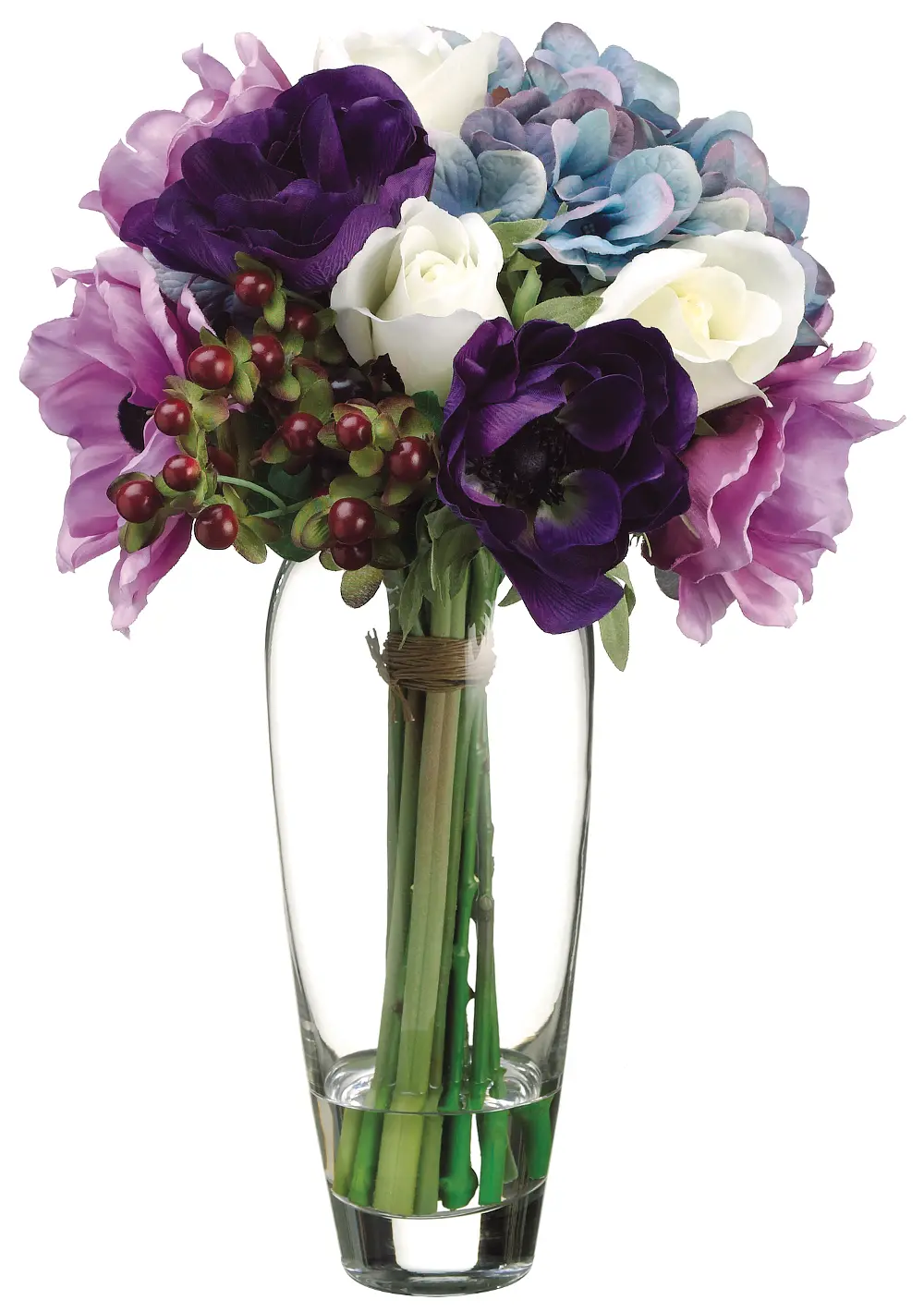 Anemone, Hydrangea and Rose Arrangement In Clear Vase-1