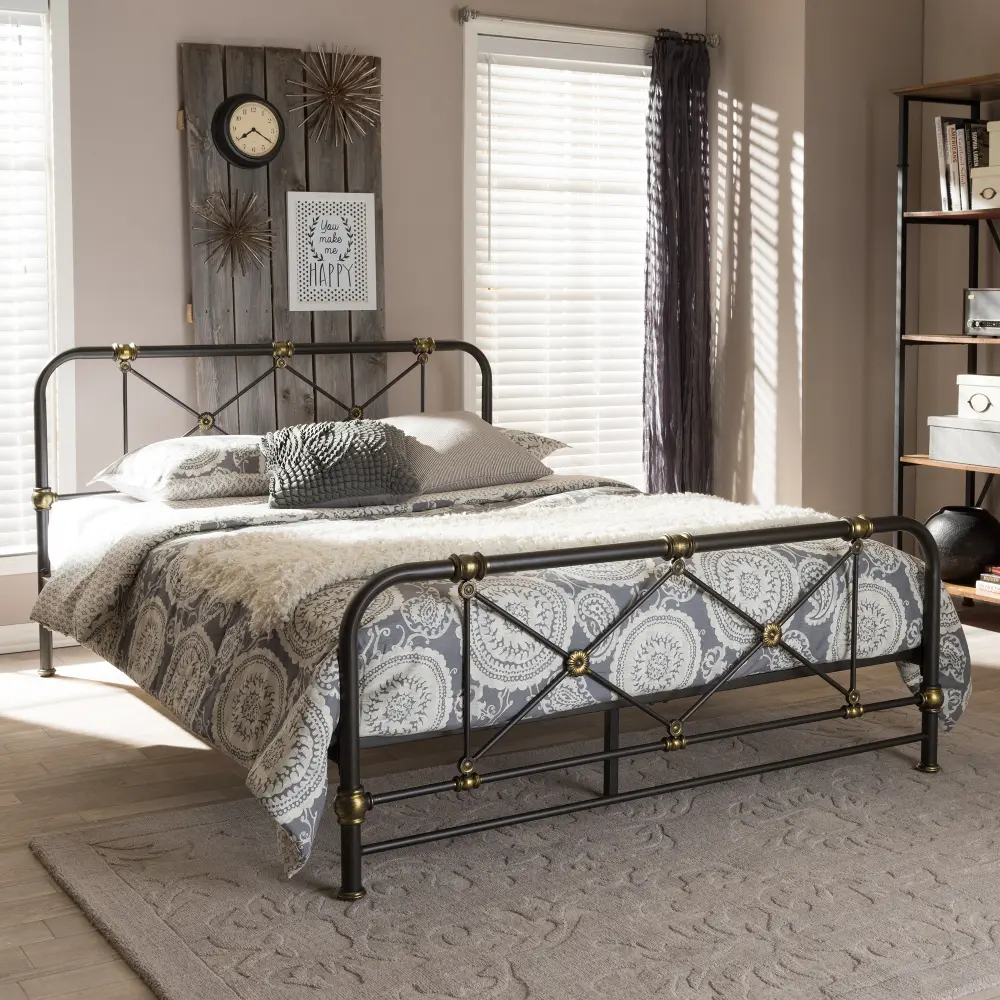 7034-RCW Vintage Industrial Black Finished Queen Metal Bed - Beatrice-1