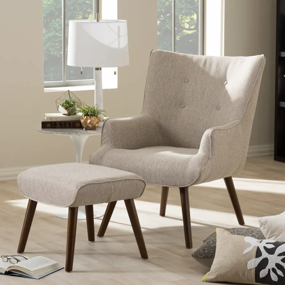 7041-7042-RCW Taupe Mid Century Upholstered Armchair & Ottoman - Nola-1