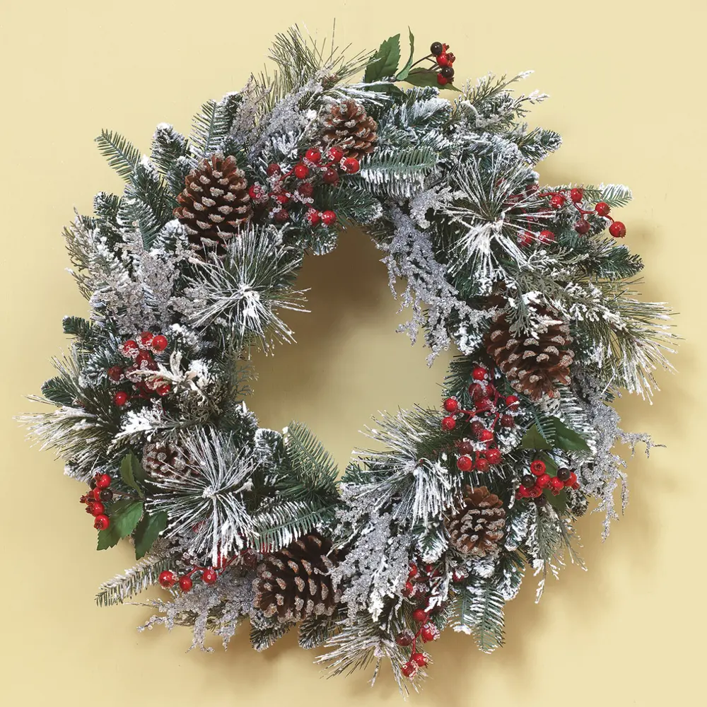 24 Inch Snowy PVC Wreath with Red Berry and Pinecone Accents-1