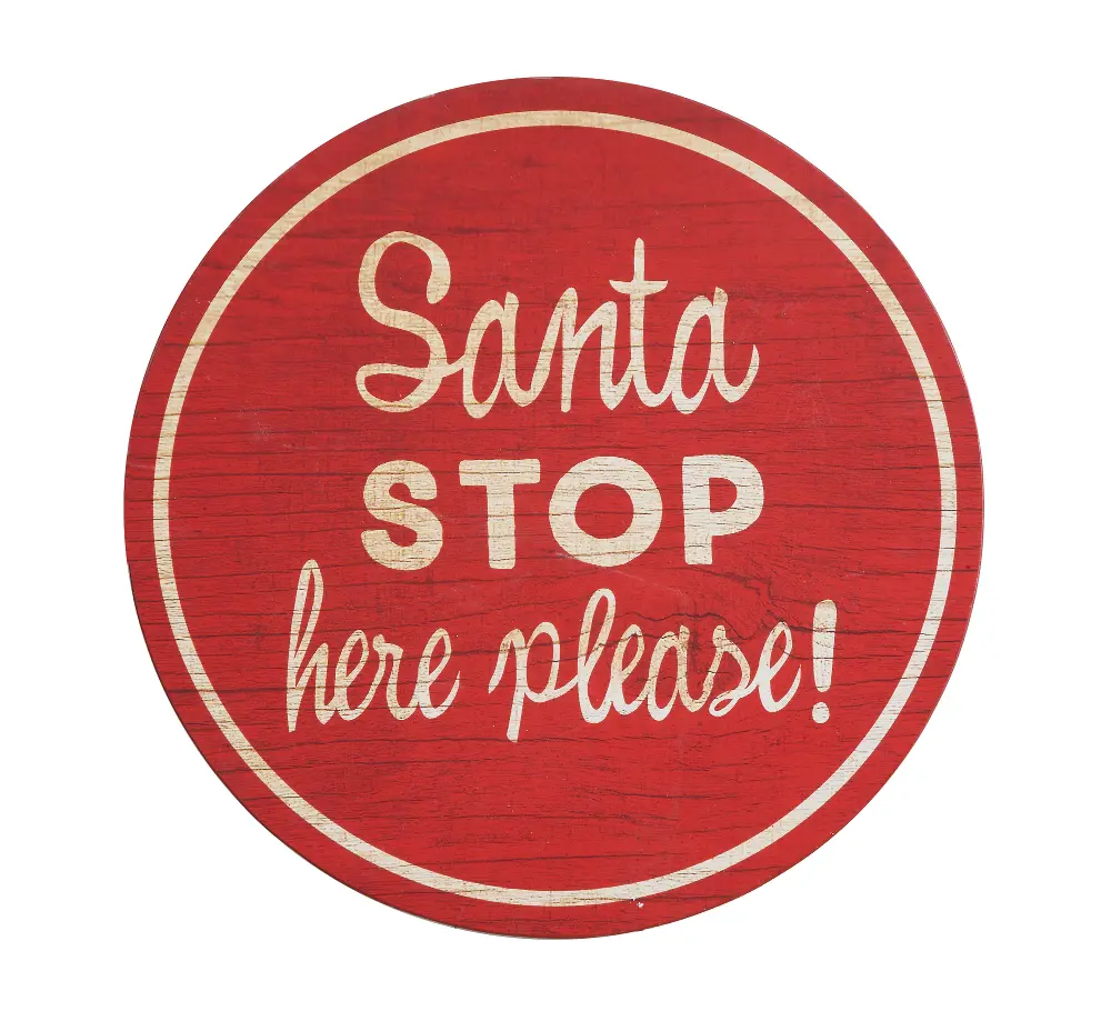 XM0929 Red Round Wooden 'Santa Stop Here Please' Wall Decor-1