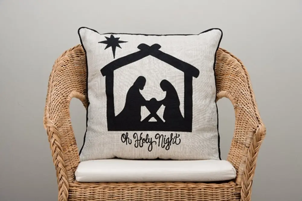 Natural Linen and Black Nativity Silhouette Throw Pillow-1