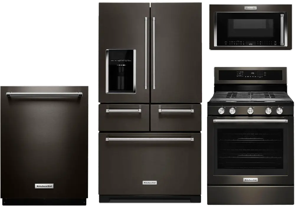 .KIT-4PC-5DR-GAS-BSS KitchenAid 4 Piece Kitchen Appliance Package with Gas Range and 5 door Refrigerator - Black Stainless Steel-1