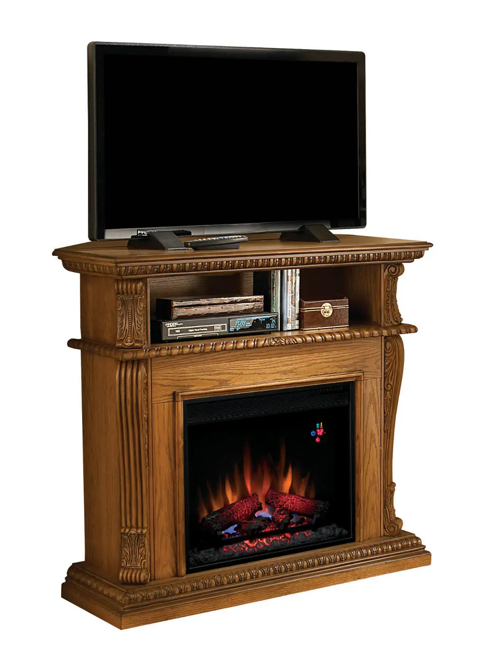 Medium Oak Corner TV Stand with Fireplace-1