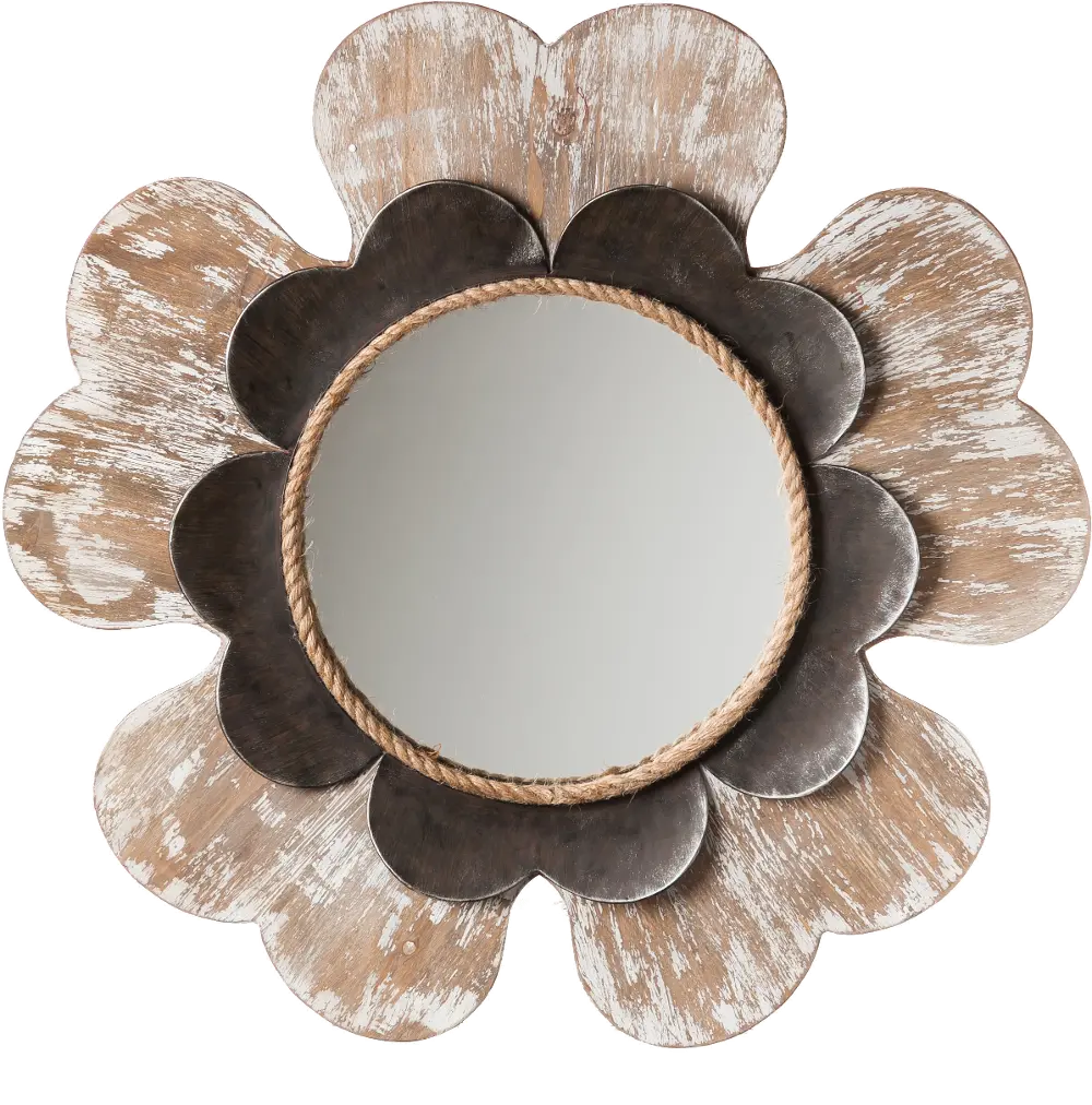 Flower-Shaped Framed Mirror with 2 Layers of Wooden Distressed Finishes-1