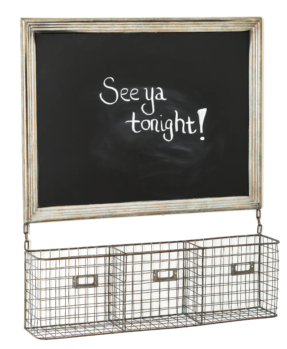 Framed Chalkboard with Hanging Metal Wire Baskets-1