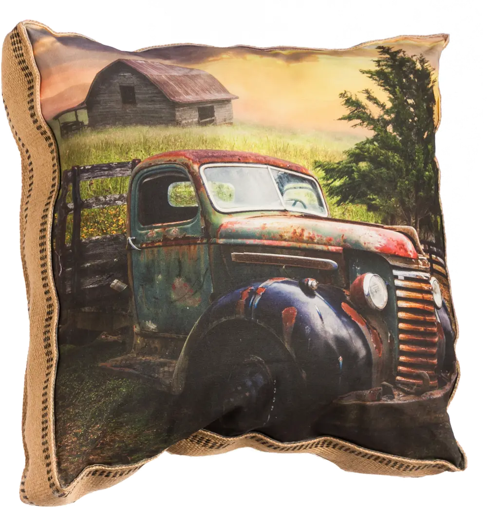 Printed Old Barn and Truck Throw Pillow-1